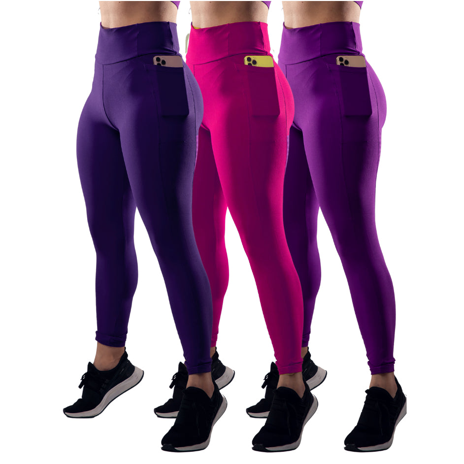 Kit 3 Calça Legging Feminina Fitness Academia com Bolsos