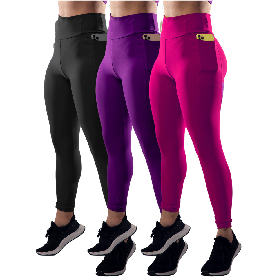 Kit 3 Calça Legging Feminina Fitness Academia com Bolsos