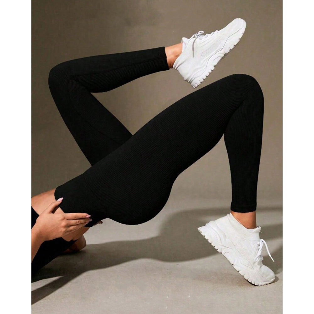 Calça Legging Canelada de Cintura Alta Sem Costura para Academia