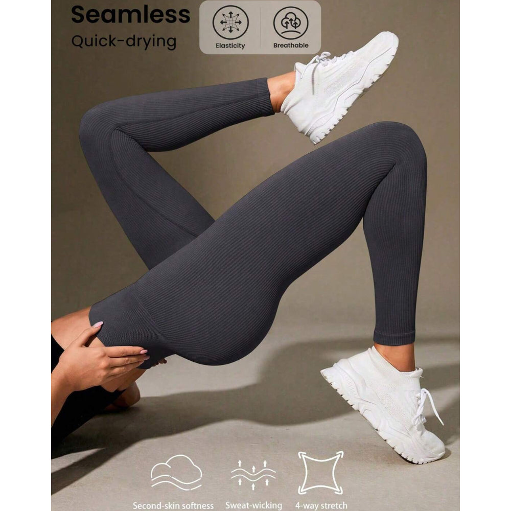 Calça Legging Canelada de Cintura Alta Sem Costura para Academia