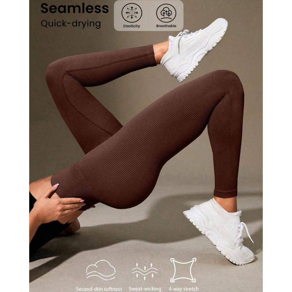 Calça Legging Canelada de Cintura Alta Sem Costura para Academia