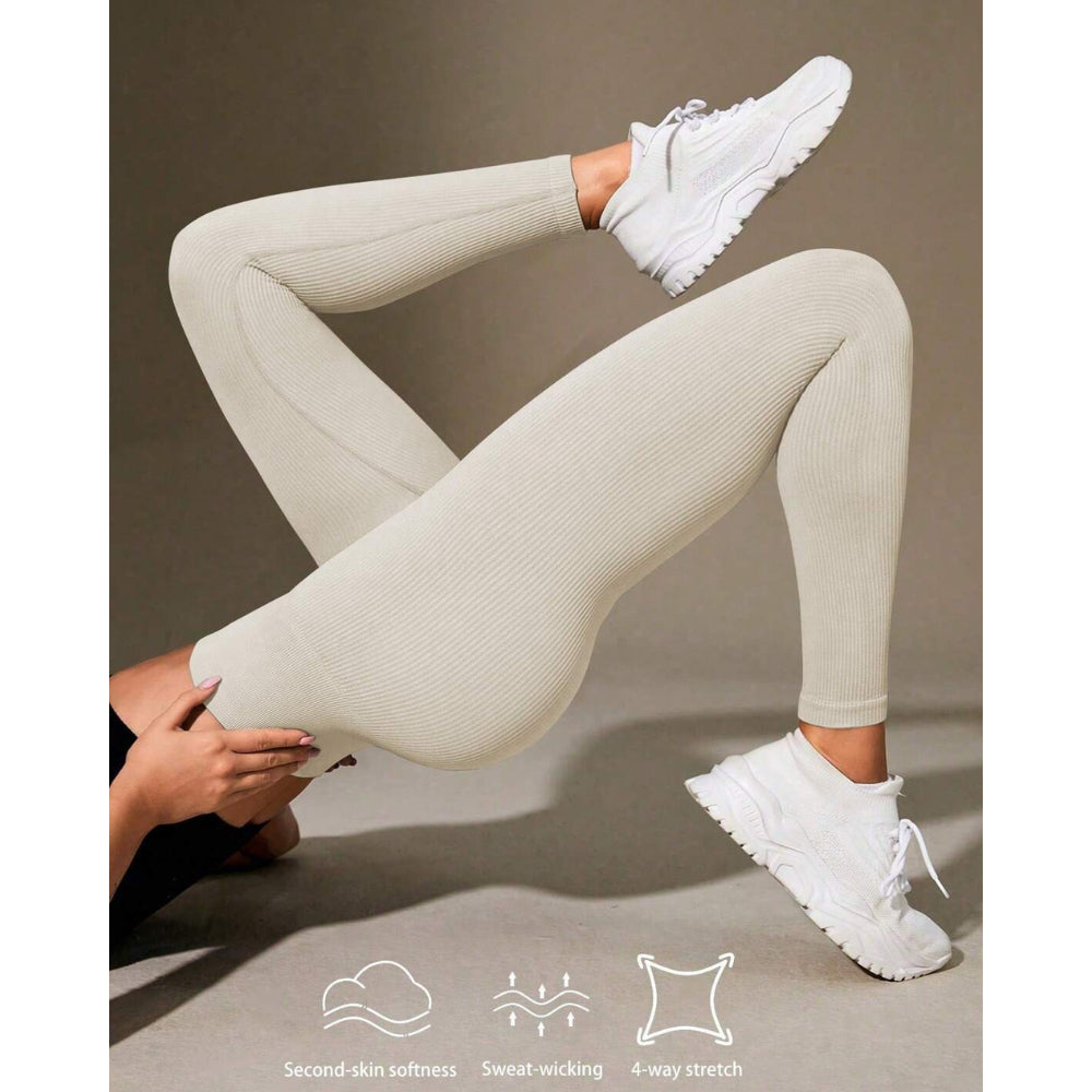 Calça Legging Canelada de Cintura Alta Sem Costura para Academia