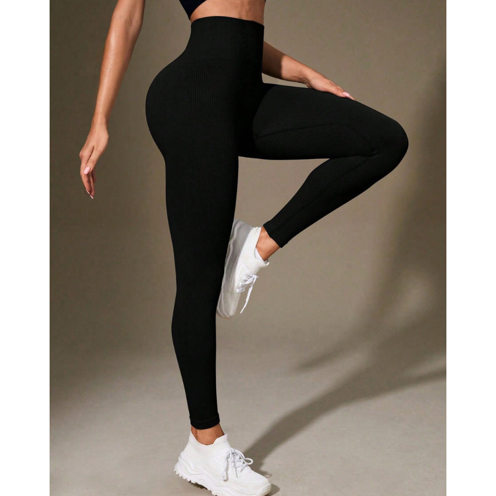 Calça Legging Canelada de Cintura Alta Sem Costura para Academia