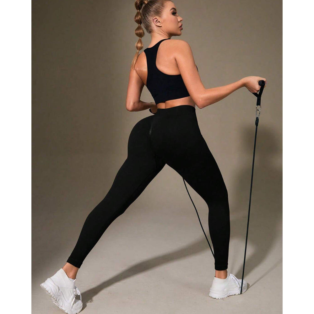 Calça Legging Canelada de Cintura Alta Sem Costura para Academia