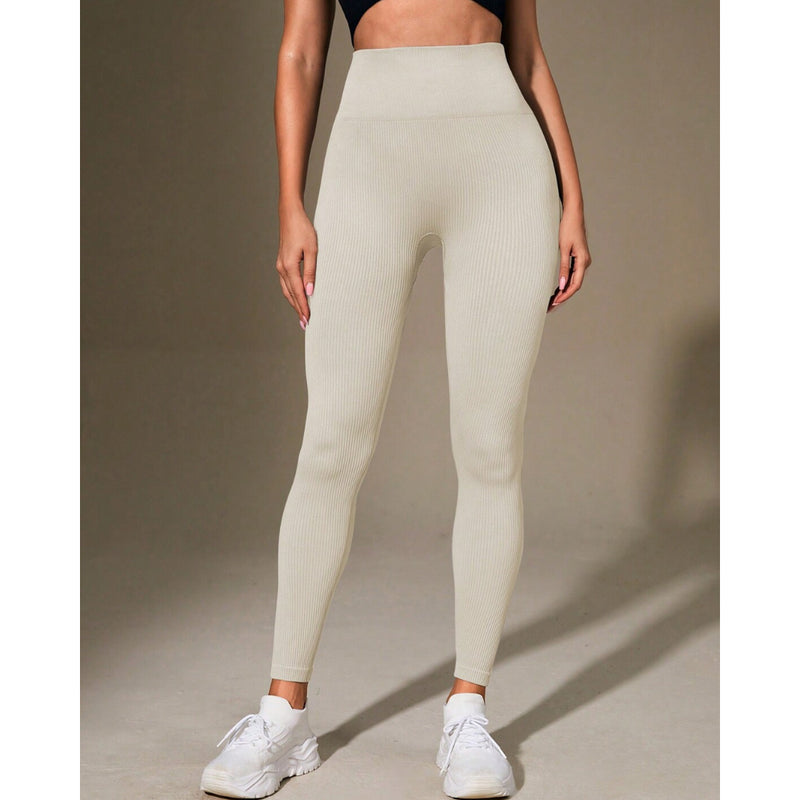 Calça Legging Canelada de Cintura Alta Sem Costura para Academia
