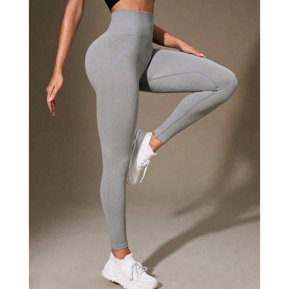 Calça Legging Canelada de Cintura Alta Sem Costura para Academia