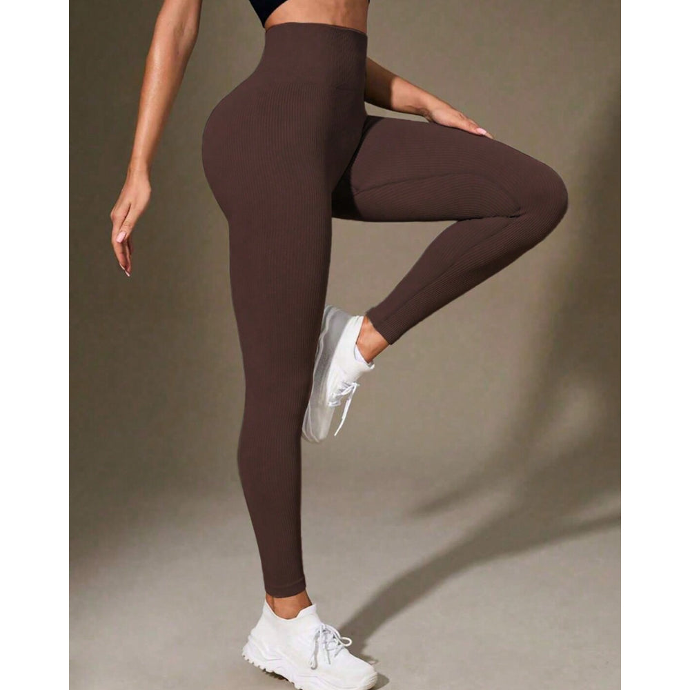 Calça Legging Canelada de Cintura Alta Sem Costura para Academia