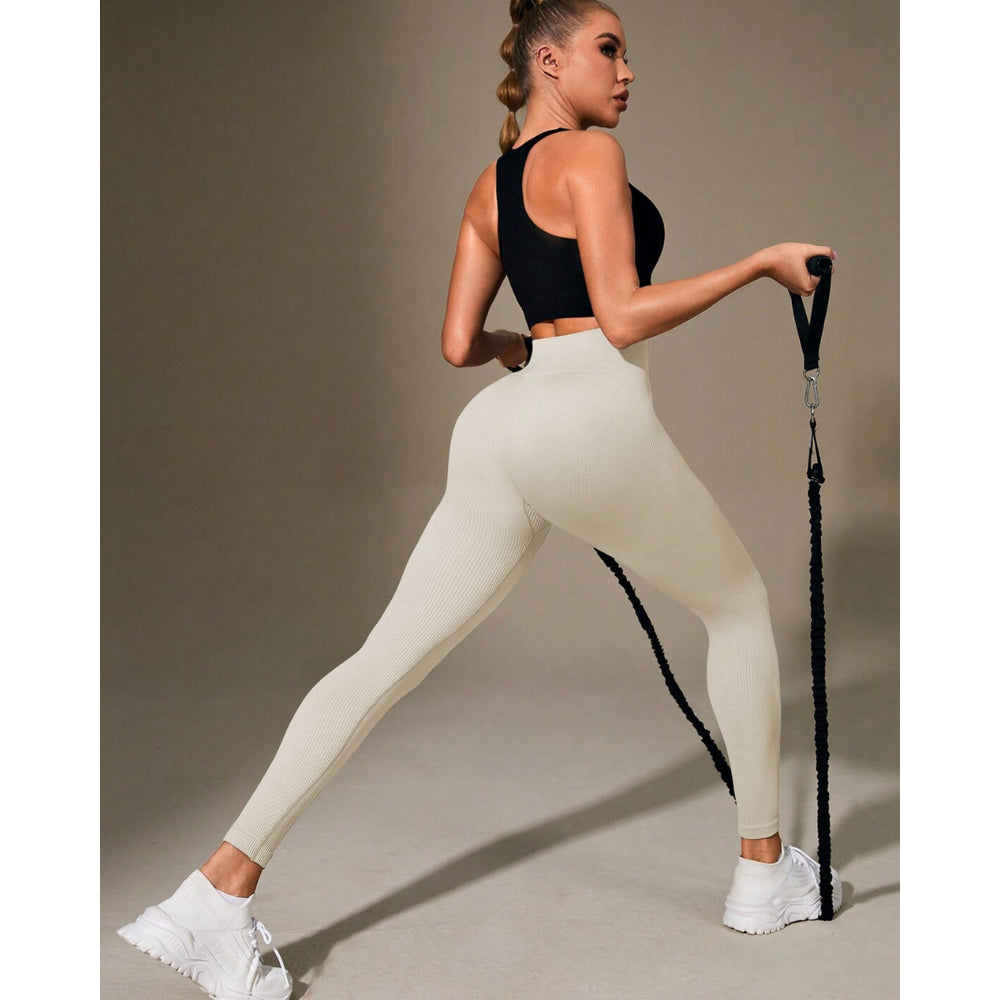 Calça Legging Canelada de Cintura Alta Sem Costura para Academia