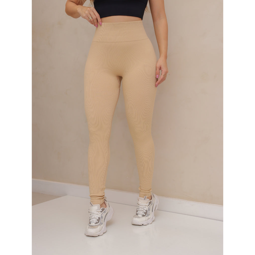 Calça Legging Canelada de Cintura Alta Sem Costura para Academia