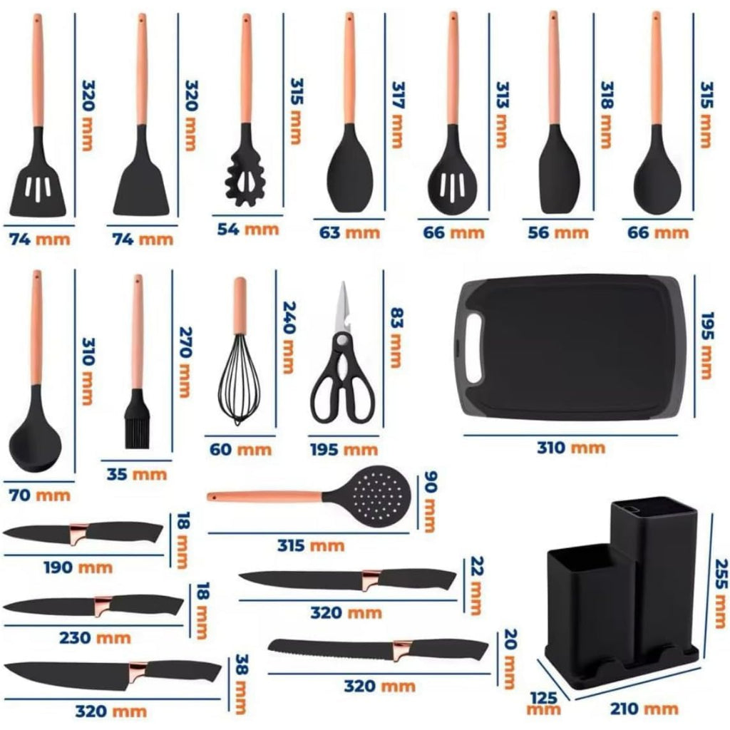 Conjunto Profissional de Utensílios Cozinha 19 Peças – Silicone Antiaderente.