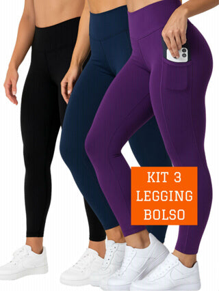 Kit 3 Calça Legging Feminina Fitness Academia com Bolsos
