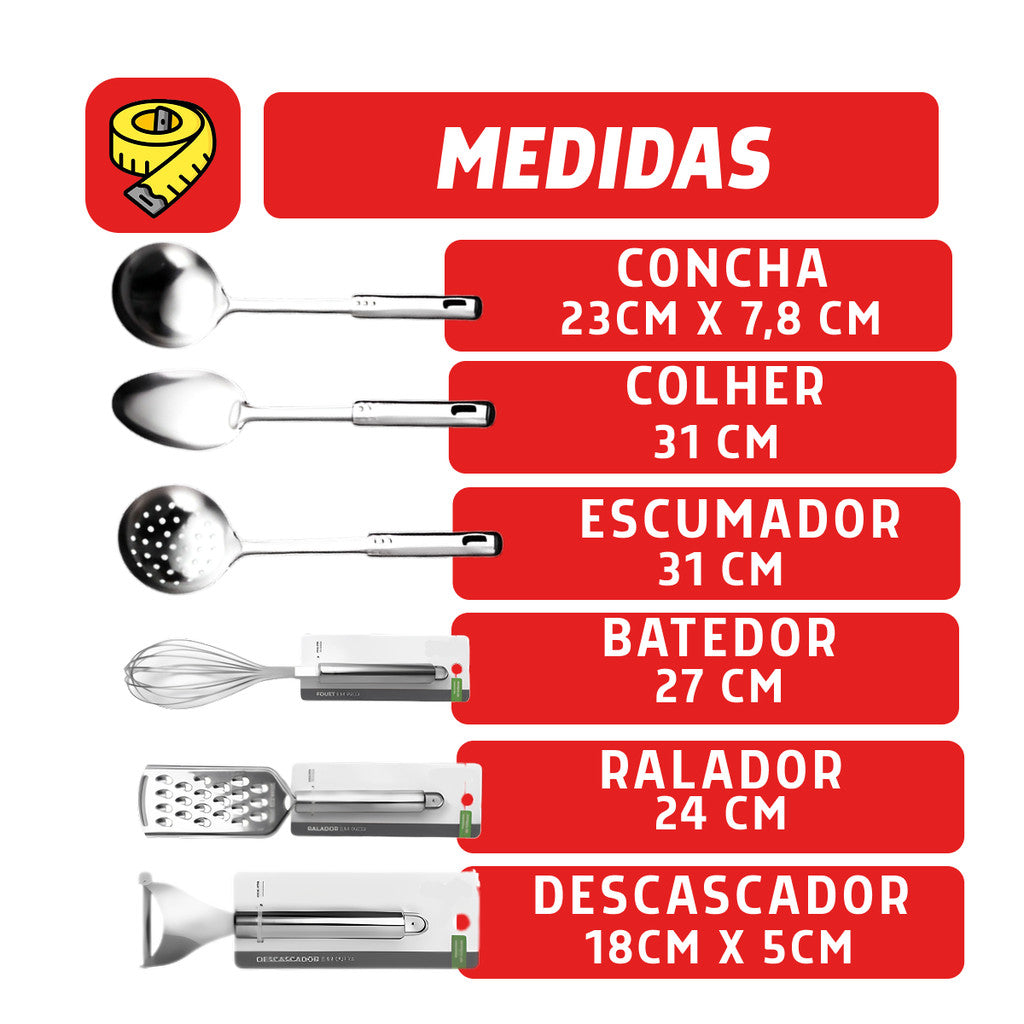 Kit Utensílios Cozinha Aço Inox 304 Profissional